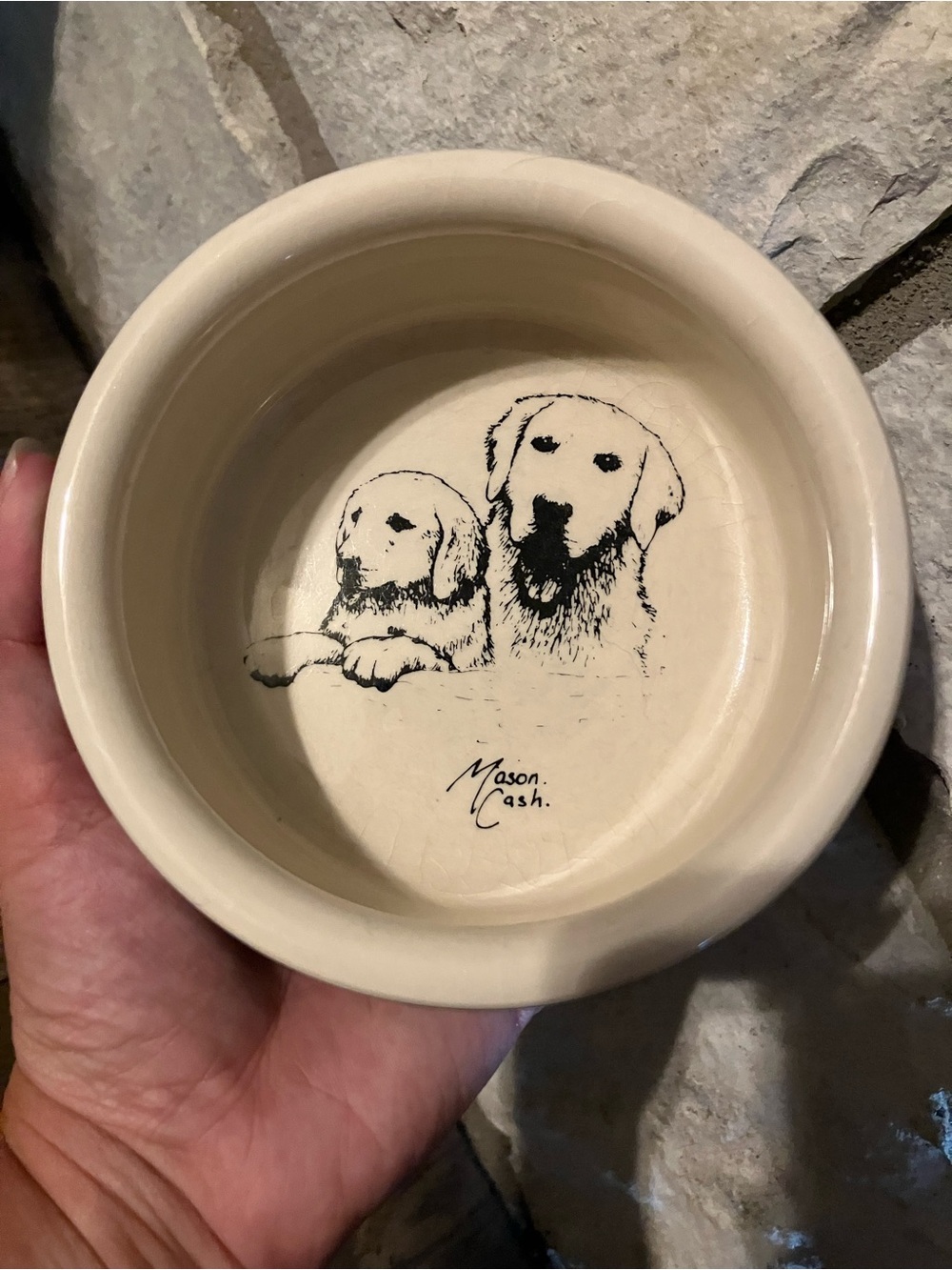 Mason Cash ceramic dog bowl featuring a Labrador retriever- Rare dark green